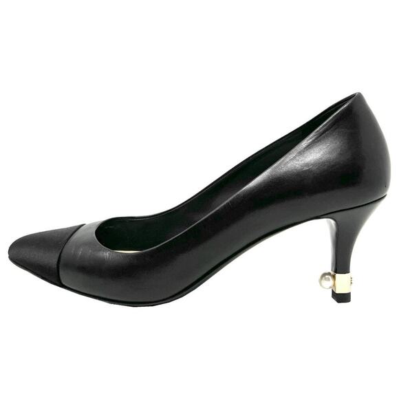 Chanel Black Leather Cap Toe Pearl Heel Pumps Size EU 37.5 - Picture 1 of 11